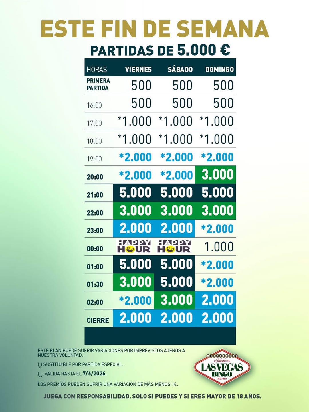 Cartel de partidas especiales de Bingo Las Vegas